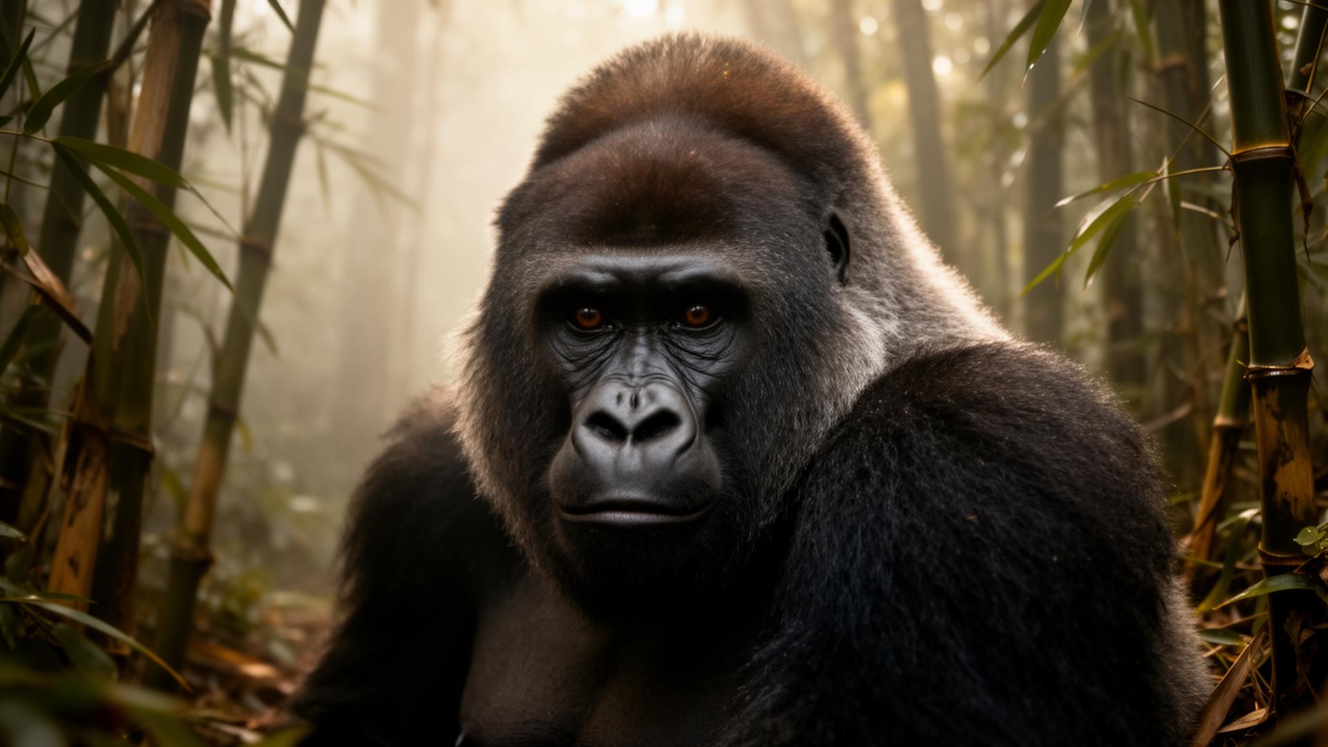 Silverback mountain gorilla in the bamboo forest of Volcanoes National Park, Rwanda